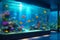 image unveils an aquarium filled with an abundance of fantasy future holographic fish