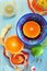 Image of various citrus fruits and ginger on blue cutting board