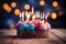 Image Vibrant birthday cake with burning candles against blurred lights background