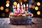 Image Vibrant birthday cake with burning candles against blurred lights background