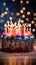 Image Vibrant birthday cake with burning candles against blurred lights background