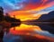 An image of a vibrant sunset over a serene lake, with colorful reflections shimmering