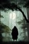 image of the a vivid illustration of a mysterious shadow creature cloaked in shadowy forest scene.