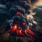 image of volcanic eruption, expulsion of dark cloudy gases, burning molten lava flowing downward.