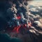 image of volcanic eruption, expulsion of dark cloudy gases, burning molten lava flowing downward.