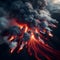 image of volcanic eruption, expulsion of dark cloudy gases, burning molten lava flowing downward.