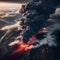 image of volcanic eruption, expulsion of dark cloudy gases, burning molten lava flowing downward.