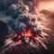 image of volcanic eruption, expulsion of dark cloudy gases, burning molten lava flowing downward.