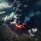 image of volcanic eruption, expulsion of dark cloudy gases, burning molten lava flowing downward.