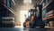 Image of a warehouse forklift in a large warehouse background. ai generative .
