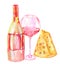 Image of the watercolor bottle of the red wine (champagne), glass with red wine, cheese.