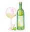 Image of the watercolor white wine bottle, green grapes and glass of the white wine. Painted hand-drawn in a watercolor on a white