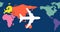 Image of white airplane flying over multi coloured world map on dark blue background