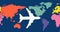 Image of white airplane flying over multi coloured world map on dark blue background