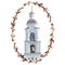 Image of white Church bell tower in a frame flowering willow