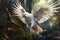 Image of a white cockatoo bird spreading its wings and flying in the forest. Birds. Wildlife Animals. Illustration, generative AI