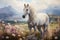 Image of white horse is in the garden with beautiful flowers in which the background is a sky. Wildlife Animals. Generative AI.