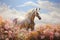 Image of white horse is in the garden with beautiful flowers in which the background is a sky. Wildlife Animals. Generative AI.
