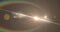 Image of white light with beam and curved prismatic lens flare on grey background