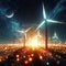 An image of wind turbines on the road at night. 3D rendering, generative ai