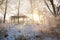 Image of a winter gazebo and snow-covered trees. New Year and Christmas concept. Rest in the sanatorium