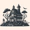 An image of a witch\\\'s house surrounded by creepy trees, pumpkins and bats. Vector in grunge texture