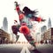 image of a woman dancing on a solid city street background with a vividly floral explosion.