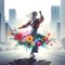 image of a woman dancing on a solid city street background with a vividly floral explosion.