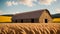 An Image Of A Wonderfully Vibrant Photo Of A Barn In A Wheat Field