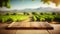 Image of wooden table in front of blurred vineyard landscape at sunset light. vintage filtered. glitter overlay