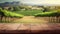 Image of wooden table in front of blurred vineyard landscape at sunset light. vintage filtered. glitter overlay