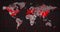 Image of the world map and countries turning red through circles in a dark background