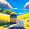 image of the yellow flower field,bus along the road, bright sky and sparkling yellow sun in the Japanese style art.