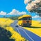 image of the yellow flower field,bus along the road, bright sky and sparkling yellow sun in the Japanese style art.