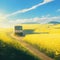 image of the yellow flower field,bus along the road, bright sky and sparkling yellow sun in the Japanese style art.