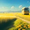 image of the yellow flower field,bus along the road, bright sky and sparkling yellow sun in the Japanese style art.