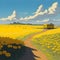 image of the yellow flower field,bus along the road, bright sky and sparkling yellow sun in the Japanese style art.