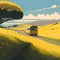 image of the yellow flower field,bus along the road, bright sky and sparkling yellow sun in the Japanese style art.