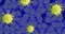Image of yellow viruses over blue cells on navy background