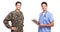 Image of a young soldier and male nurse posing against white