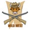 Images of a bull in a cowboy hat and guns. Cartoon picture of the wild west. Cowboy Concept.