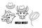 Images of a bull in a cowboy hat and guns. Cartoon picture of the wild west. Cowboy Concept.