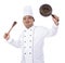 Images of chef confidence wit pose hands up holding pan