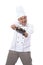 Images of chef with pose hands holding pan