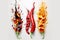 Images of fiery chili peppers on a white background