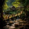 Images generated from AI, The wooden huts are located next to the stream. Log cabin and a waterfall. A rustic wooden cabin sits in