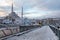 Images from daily life in touristic areas after heavy snowfall in Istanbul after a long time. Historical Galata Bridge covered