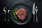 ImageStock Wagyu beef steak served with fork, spoon, and knife in foodgraphy