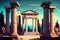 Imaginary ancient Greek temple picture with stone statues, columns, and arches