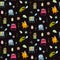 Imaginary animals and monsters seamless pattern background on black